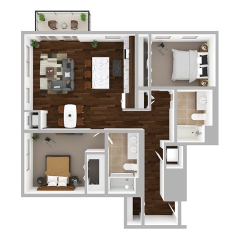 Floor plan for 2 beds, 2 baths, 1028 sqft